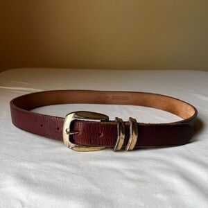 Vintage Red Brown Leather Belt Chunky‎ Gold Tone Buckle Western Waist Belt 28